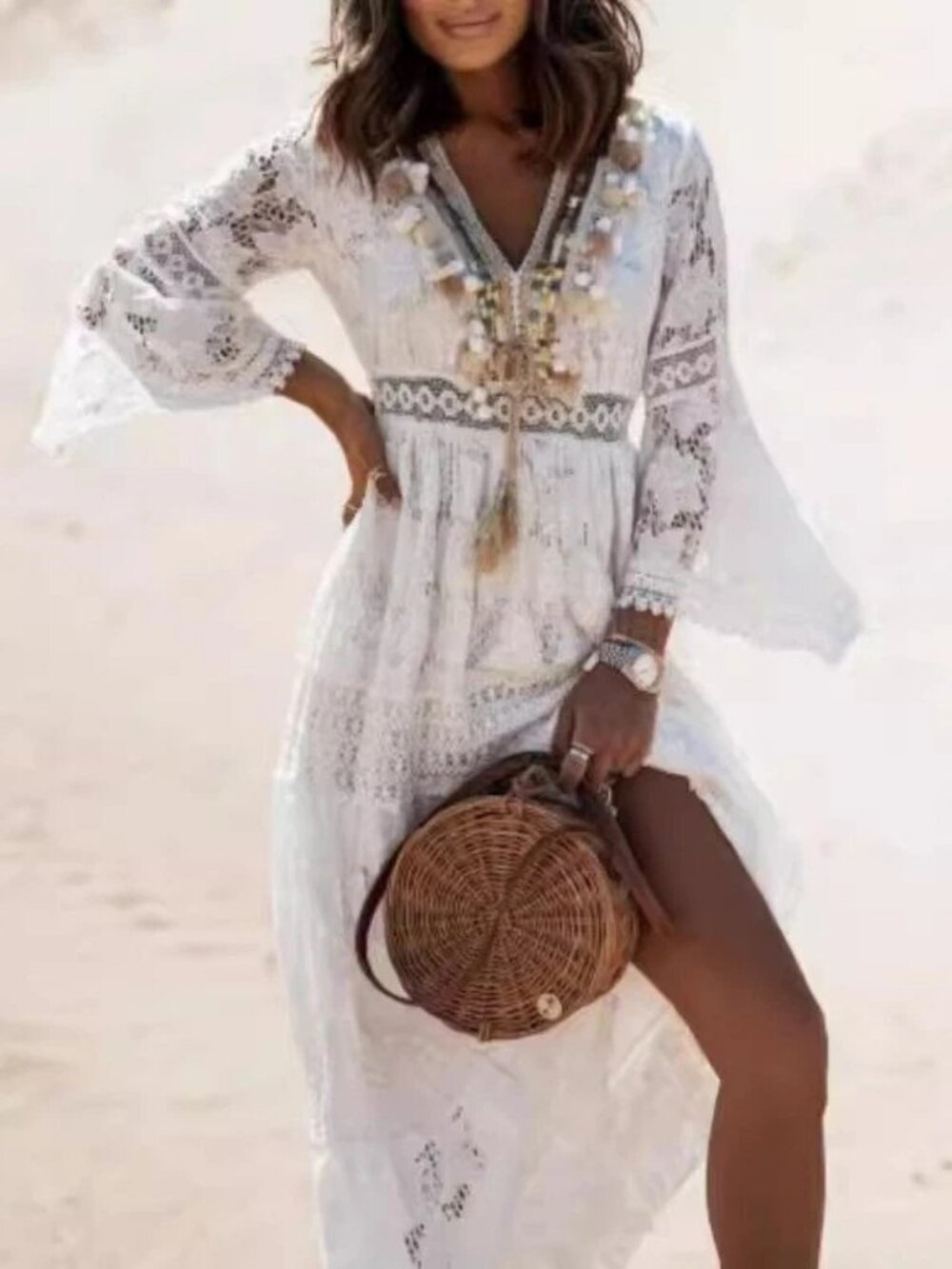 Women's Boho Maxi Lace V Neck Flare Sleeve Dress Summer Party Beach Sundress